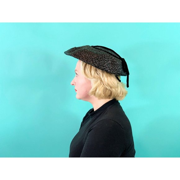 Vintage 1950s Wicker Hat Womens Large Black Sun Velvet Detail - Picture 8 of 11